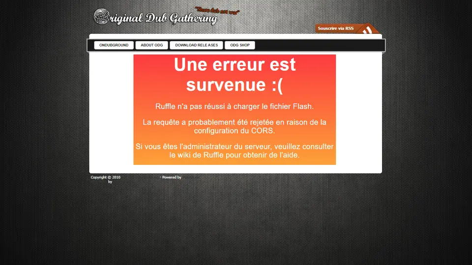 Site Original Dub Gathering en 2010 : fond gris texturé, menu blanc, et message d’erreur à la place de l’animation Flash disparue.