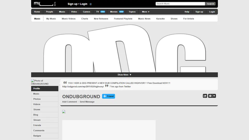 Page MySpace d’Ondubground en 2011 : immense logo ODG en bannière et annonce de la compilation Highvory.