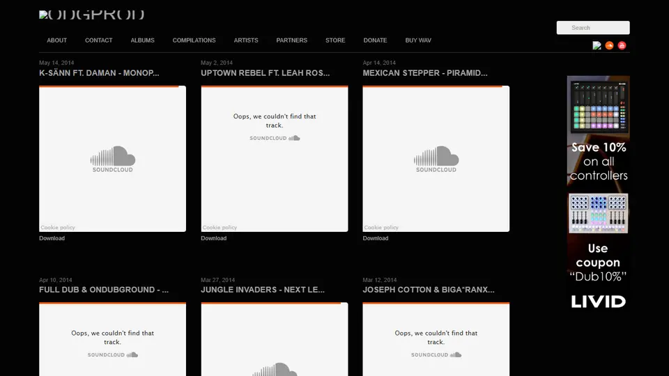 Accueil d’odgprod.com en 2014 : fond noir, grille de sorties avec des lecteurs SoundCloud vides.