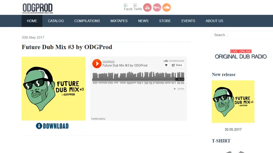 Accueil d’odgprod.com en 2017 : fond blanc, barre de menu bleu-gris, Future Dub Mix #3 avec son lecteur et son bouton Download.