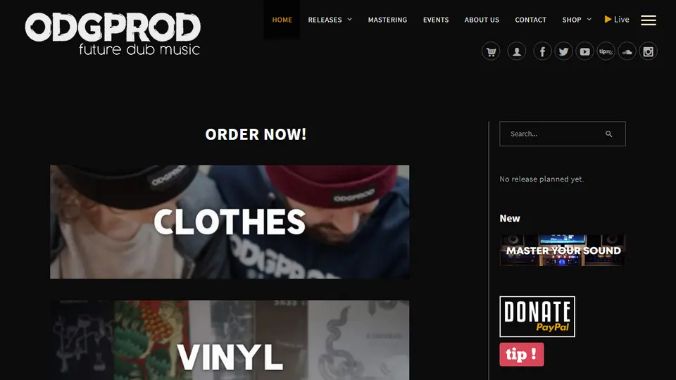 Accueil d’odgprod.com en 2021 : fond noir, logo ODGPROD future dub music, grands blocs Clothes et Vinyl sous le titre Order now.